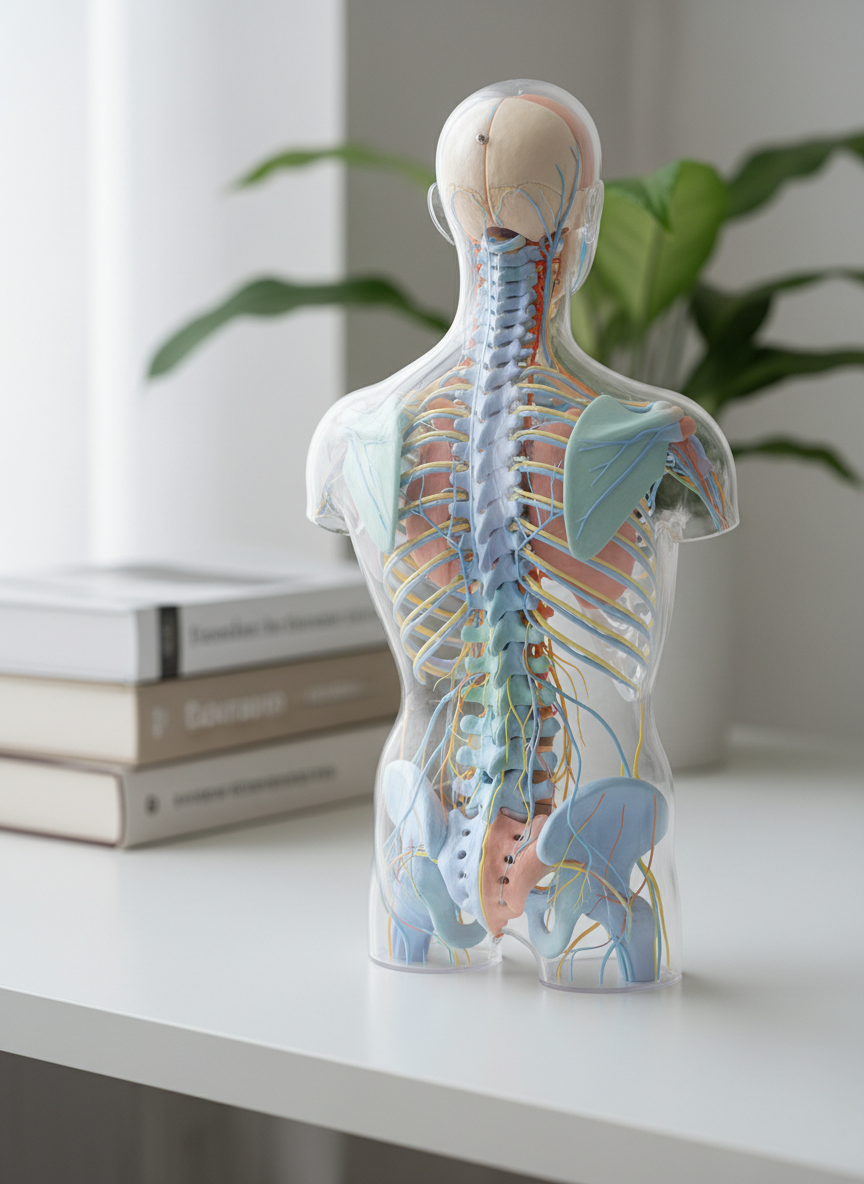 A detailed, photographic close-up of a transparent anatomical torso model placed on a clean white desk, with the spinal column, nerves, and major muscles shown in soft pastel colors rather than harsh reds.