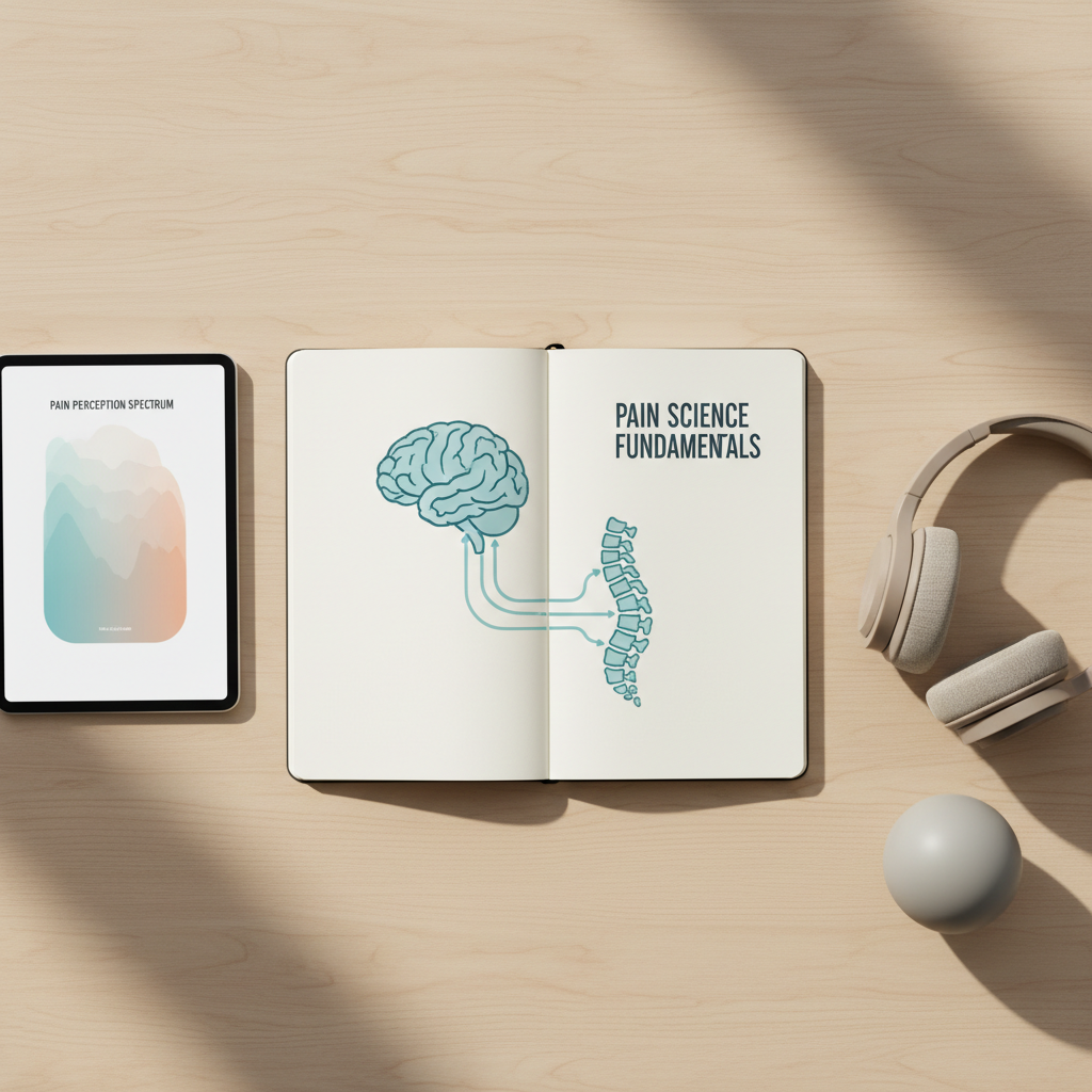 A realistic, overhead photographic view of a minimalist workspace designed for learning about pain science. At the center lies an open notebook showing a simple, hand-drawn diagram of a brain and spine in muted blue and teal tones, with abstract lines suggesting nerve signals rather than detailed anatomy. Surrounding it are a tablet displaying a stylized pain chart, a pair of neutral-toned headphones, and a smooth grey stress ball. The desk surface is light oak, uncluttered, and bathed in soft, diffused morning light from an unseen window, creating a calm and organized atmosphere. Gentle shadows add depth without harsh contrast. The composition follows the rule of thirds with sharp focus across the frame, evoking a professional, approachable, and evidence-based learning environment.
