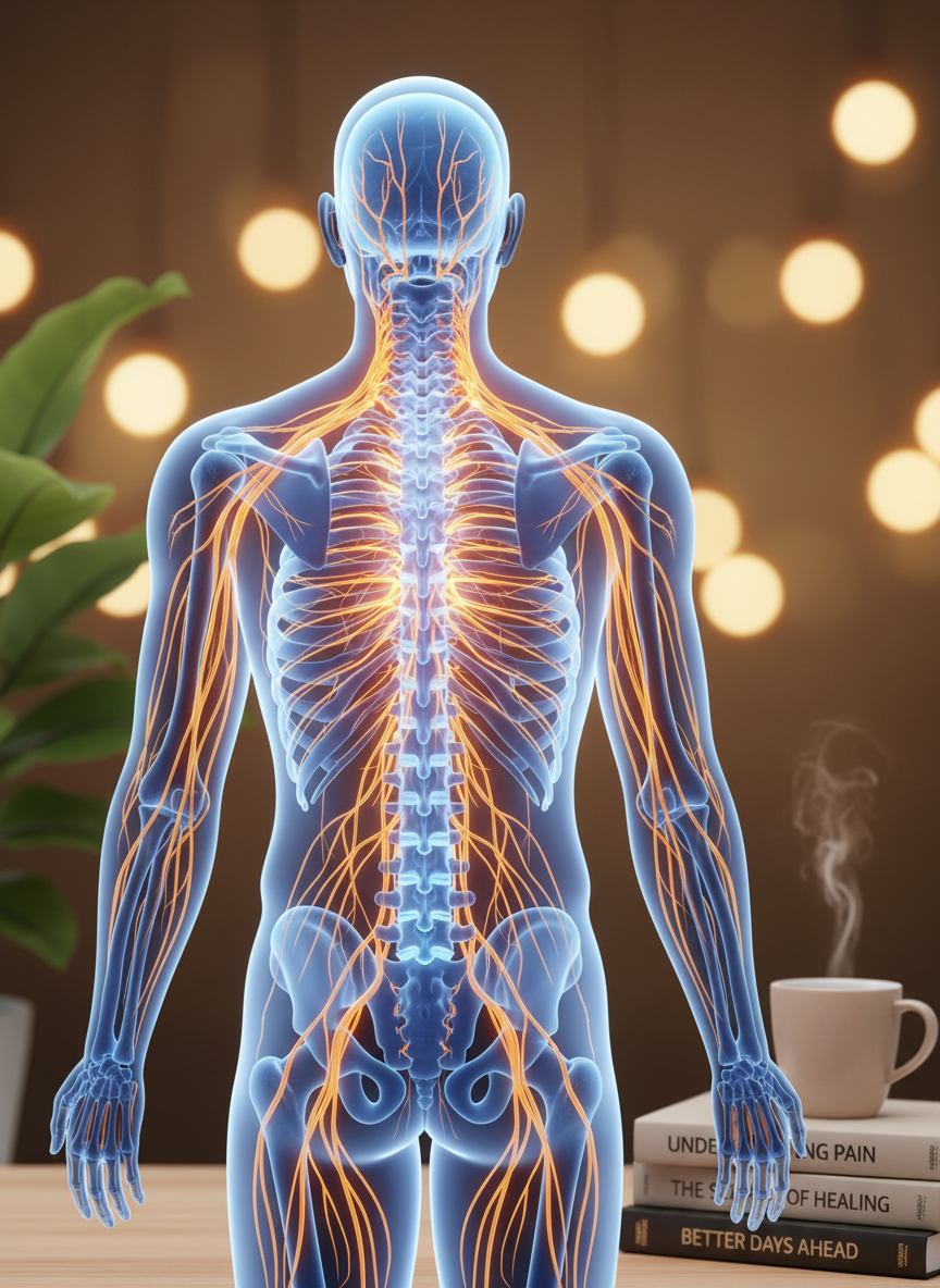 Transparent human body showing spine and nervous system